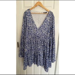 Blue/ White Floral Deep V Mini Dress
